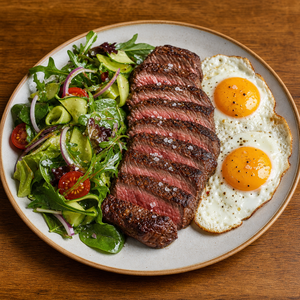 Sunny-Side Up Eggs with Steak and Mixed Salad