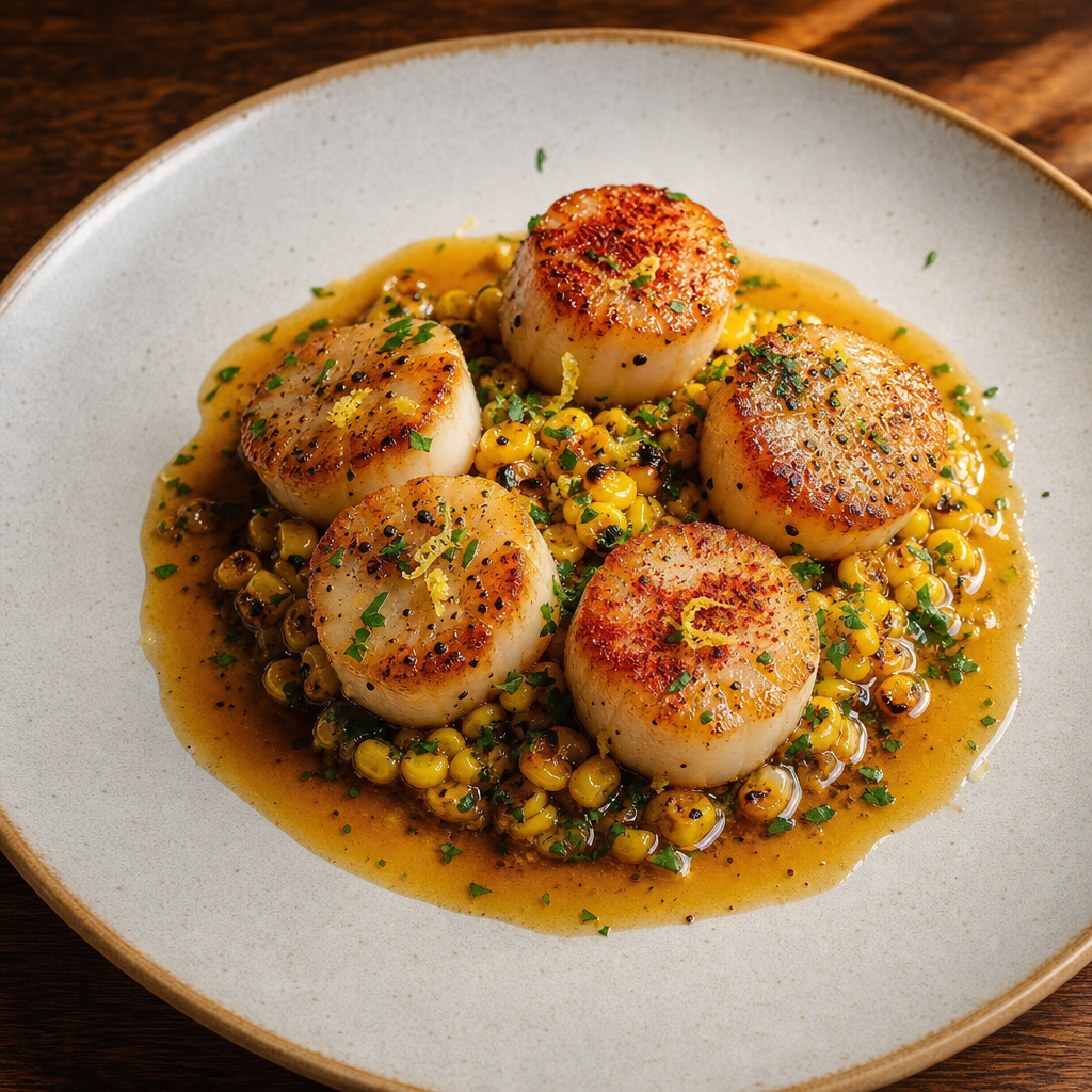 Seared Scallops with Charred Corn and Brown Butter