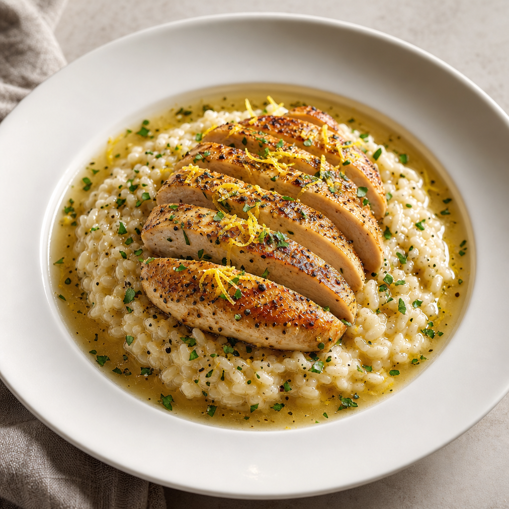 Lemon Pepper Chicken in Broth with Parmesan Risotto