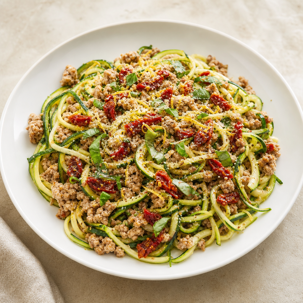 Zucchini “Pasta” with Ground Turkey & Sun-Dried Tomatoes (Gluten-Free)