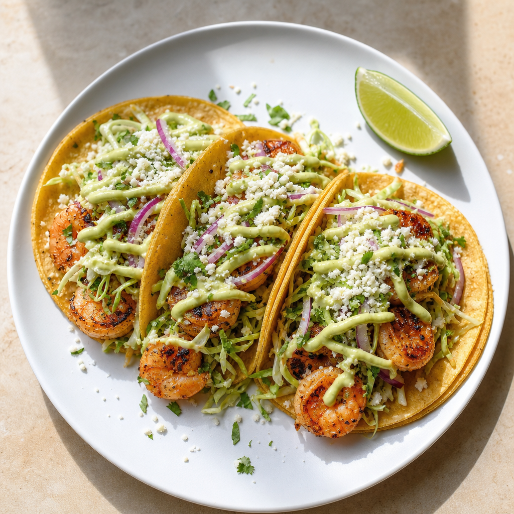 Bright Shrimp Tacos with Citrus Slaw and Avocado Crema