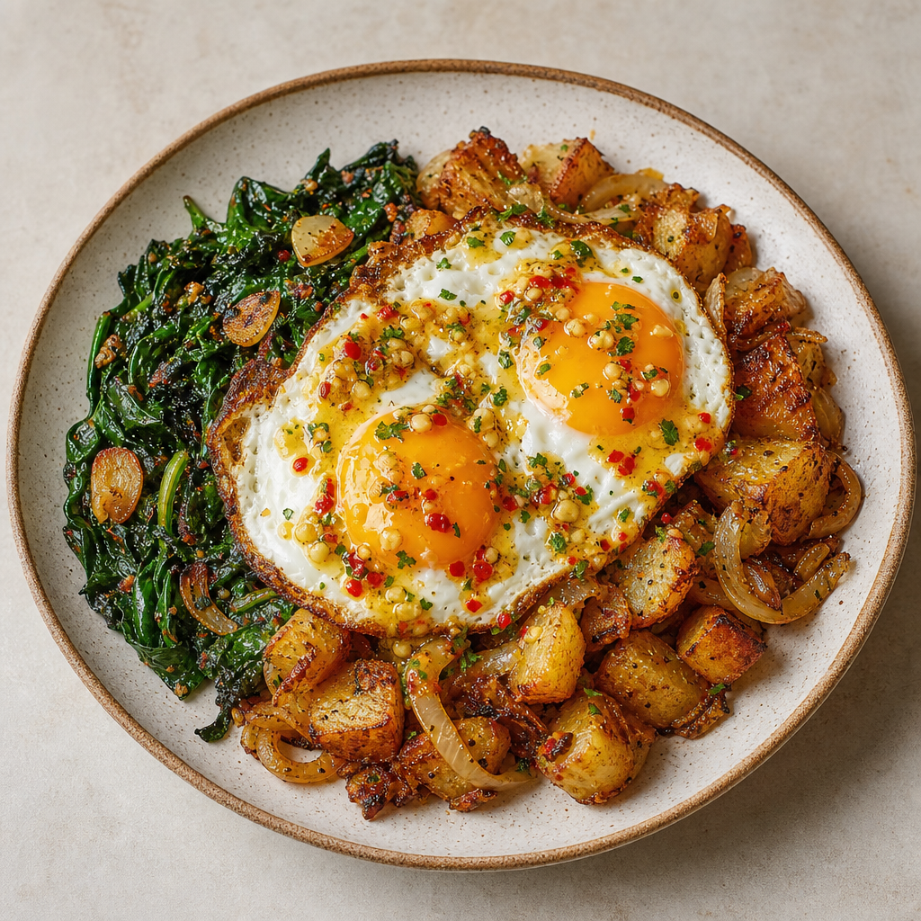 Crispy Potato Hash with Sautéed Greens, Fried Eggs & Spicy Lemon-Garlic Sauce