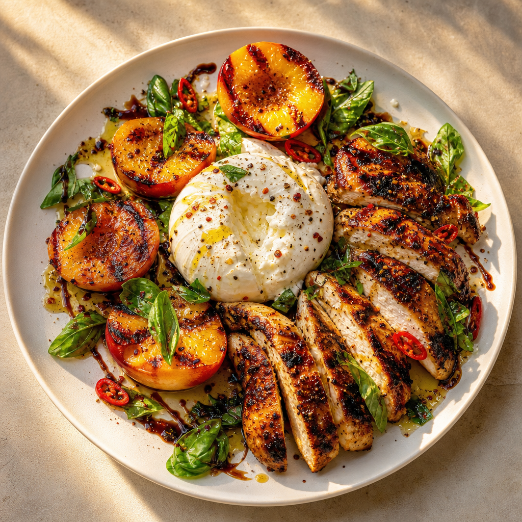 Spicy Grilled Chicken with Peaches, Basil & Burrata