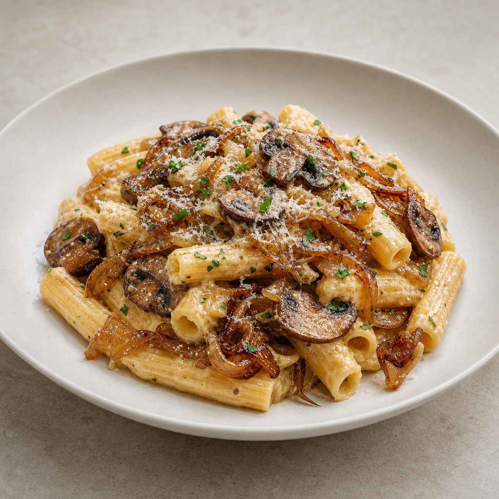 Mushroom-Parmesan Pasta with Caramelized Onions
