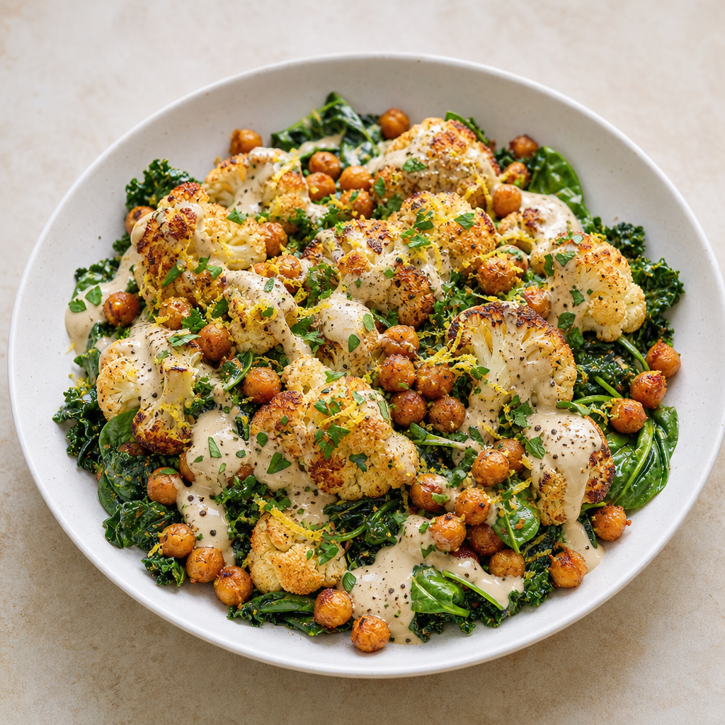 One-Pan Roasted Cauliflower & Chickpeas with Tahini Lemon Sauce